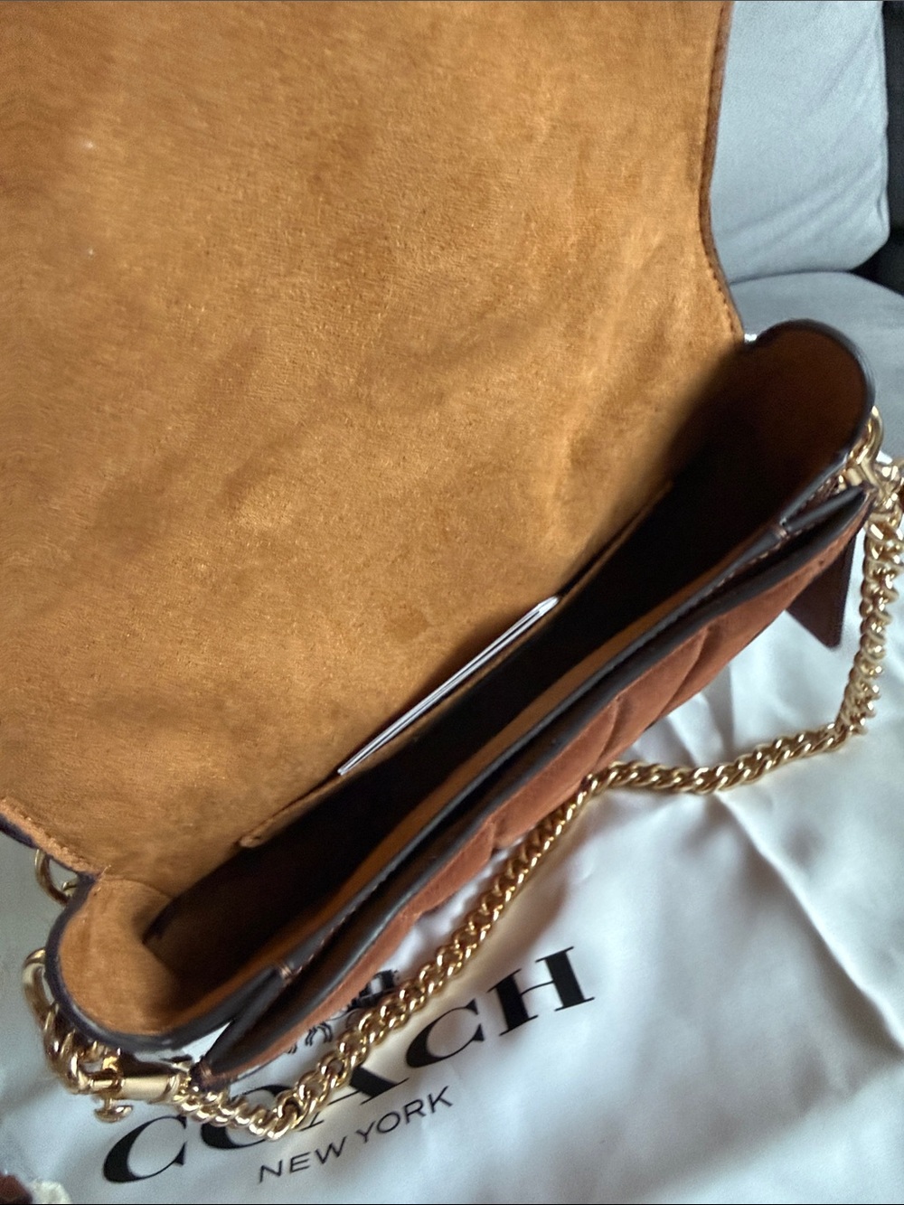Coach Giorgia Suede and Leather Crossbody in Chestnut Brown with Gold Chain - Picture 4 of 12